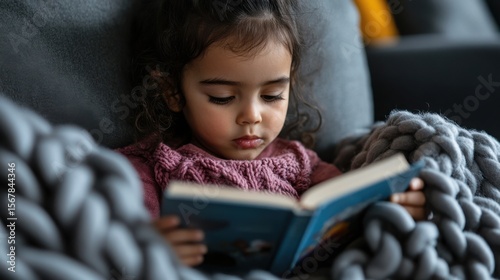 Toddler engrossed in a book: A charming toddler girl, wrapped in a cozy chunky knit blanket, is deeply engrossed in reading a book.
