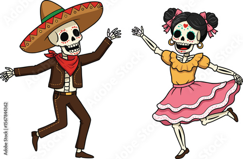 Day of the Dead Skeletons Dancing, Male Charro and Female Catrina Celebrating Dia de los Muertos, Traditional Mexican Holiday Festive Cartoon Illustration.