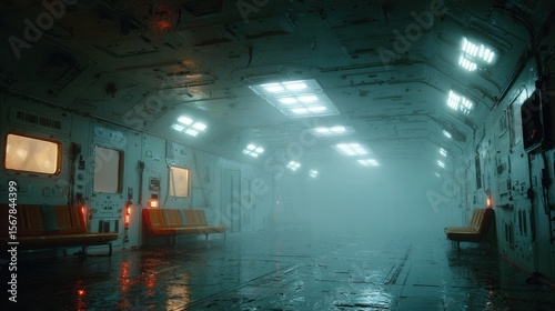 Fototapeta Naklejka Na Ścianę i Meble -  Futuristic Empty Corridor with Fog and Dim Lighting Effects