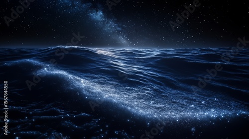 Celestial Ocean: A breathtaking view of a dark ocean under a mesmerizing night sky, illuminated by the milky way and distant stars, creating an ethereal and mysterious atmosphere.