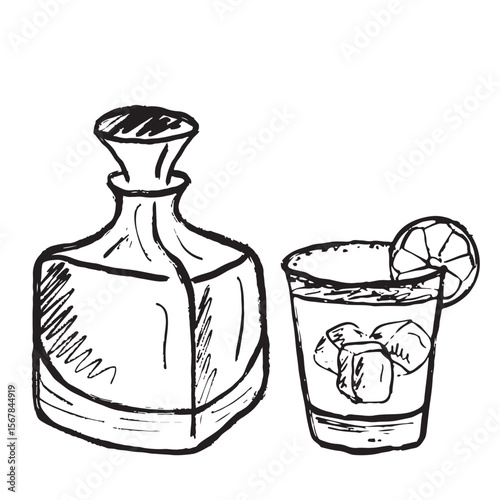 Brandy bottle with a drinking glass shot with lemon slice and ice cubes in black brush stroke texture isolated on white. Hand drawn vector sketch illustration in vintage charcoal ink. Bar menu design
