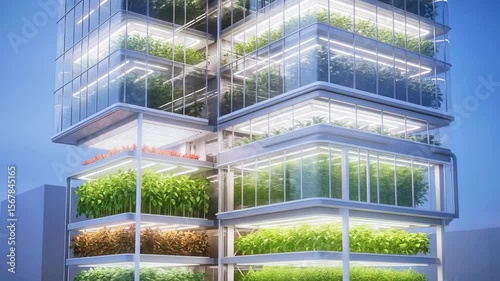 Vertical urban farm with multiple layers of greenery illuminated at night, showcasing sustainable agriculture