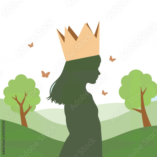 Young girl wearing paper crown in serene nature, innocence and imagination
