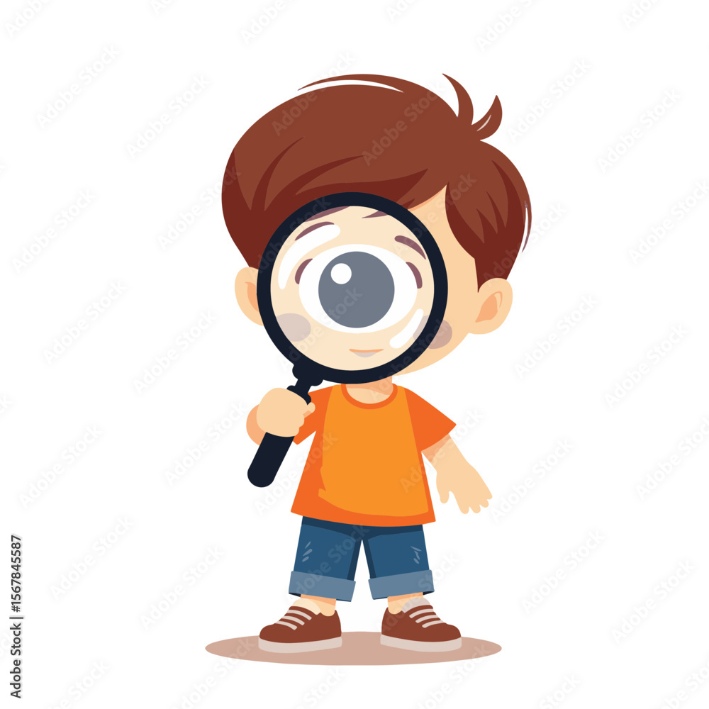 Curious boy exploring with magnifying glass on white background, discovery Curious boy exploring with magnifying glass on white background, discovery