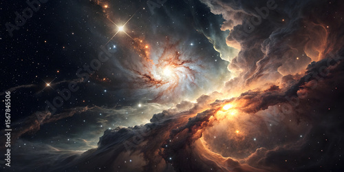 Dramatic cosmic landscape shows spiral galaxy rising above nebular clouds like celestial sunrise, with golden and orange atmospheric formations throughout scene.