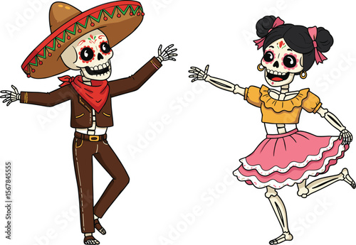 Day of the Dead Skeletons Dancing, Male Charro and Female Catrina Celebrating Dia de los Muertos, Traditional Mexican Holiday Festive Cartoon Illustration.