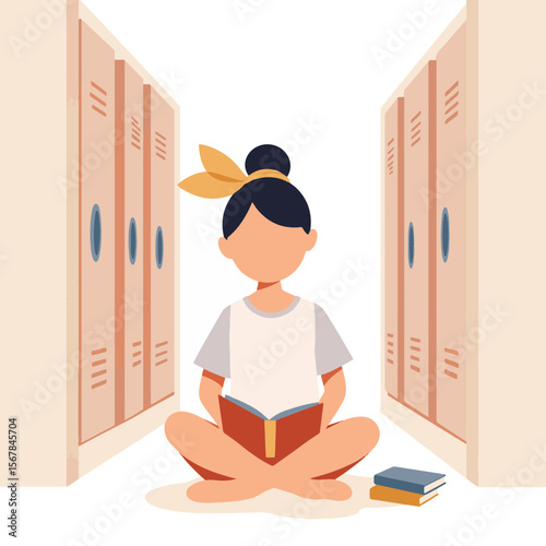 Girl reading cross-legged on school hallway floor, learning journey