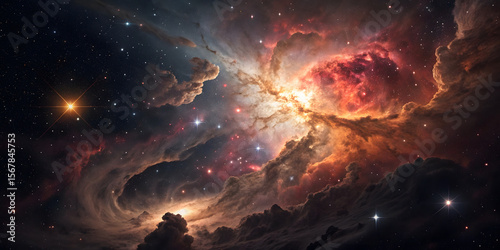 Dramatic red and orange nebula with billowing gas clouds, bright stars, and cosmic dust creating fiery celestial landscape.