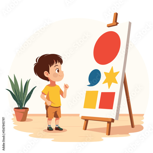 Curious boy admires colorful poster in minimalist studio, creativity