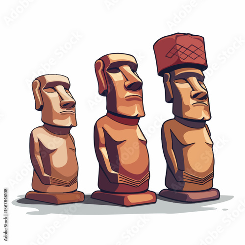 Three stylized Easter Island Moai statues with varying heights and hats