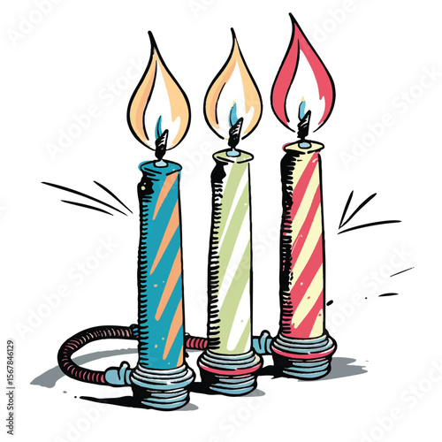 Three Striped Candles Connected by a Tube Vivid Flames