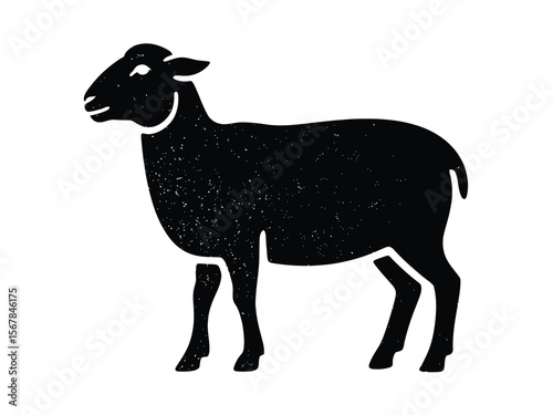 A minimalist black silhouette of a standing sheep against a white background
