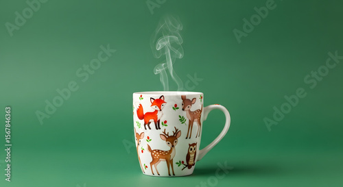 Steaming Mug with Colorful Animal Design on Green Background