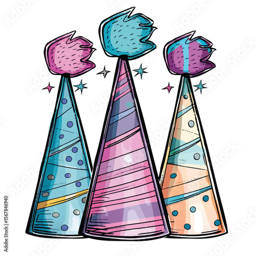 Three Whimsical Party Hats with Fluffy Tops