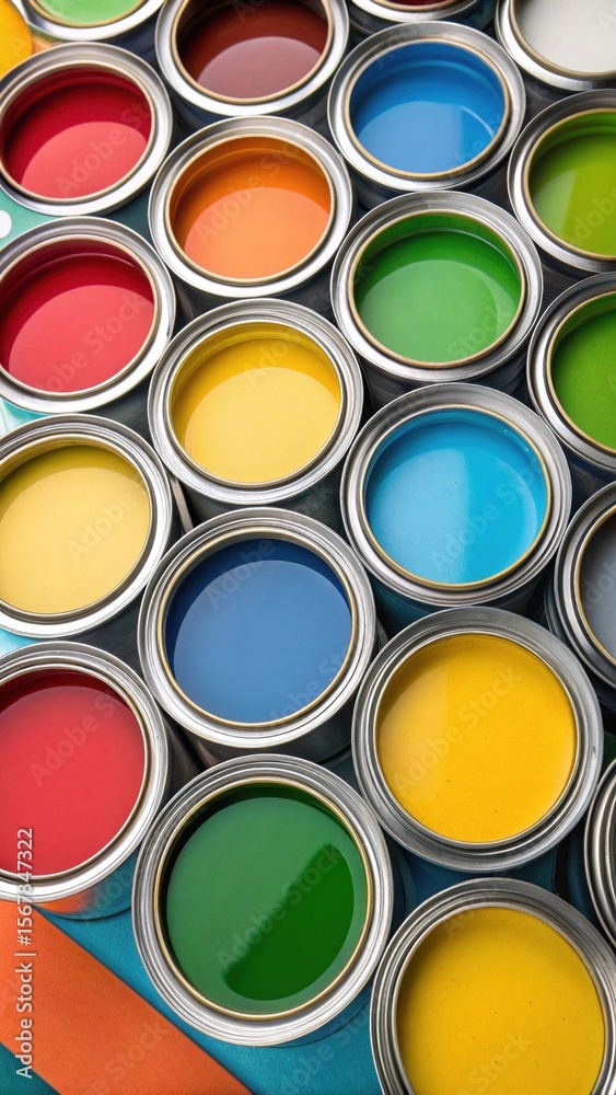 Fototapeta premium Colorful Paint Cans on Multicolored Artistic Background