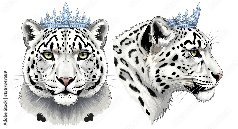 Obraz premium Majestic Snow Leopard with Crown: A Regal Winter Portrait