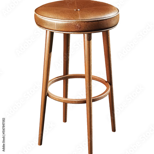 ThreeLegged Wooden Stool with Round Leather Seat and Footrest Ring