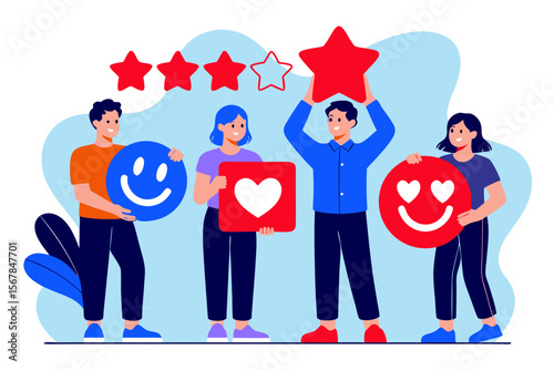 Land surveyor vector with four happy people holding positive feedback stars and smileys, perfect for team building and feedback concepts.