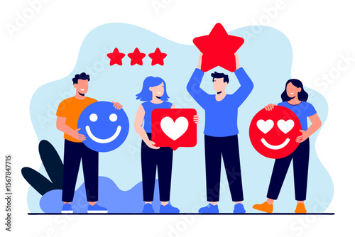 Land surveyor vector with four happy people holding positive feedback stars and smileys, perfect for team building and feedback concepts.