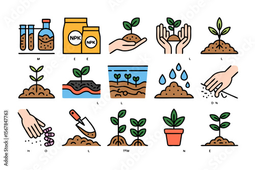 Land surveyor vector set depicting plant growth stages. Perfect for agriculture infographics, educational materials, and gardening content creation.