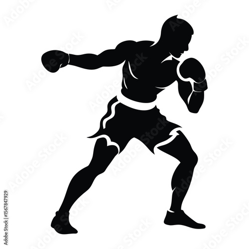 Strong boxer silhouette in fighting pose with gloves. Perfect for sports art, fitness designs, and gym decor