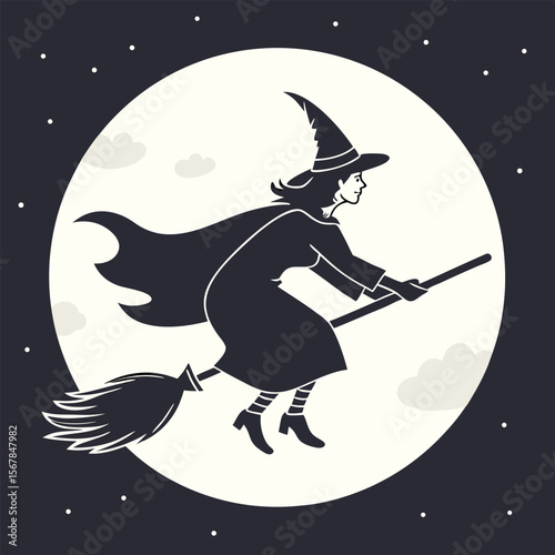 Silhouette of a witch flying on a broom across a full moon with stars and clouds. Ideal for Halloween art and mystical decor