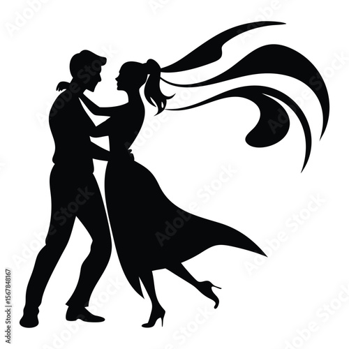 Elegant silhouette of a dancing couple in formal attire, capturing the grace and romance of ballroom dance. Perfect for invitations, posters, or wedding designs
