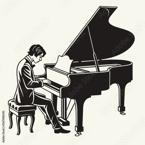 Sophisticated silhouette of a pianist at a grand piano, perfect for music, concert, or elegant design projects, posters, and event decor
