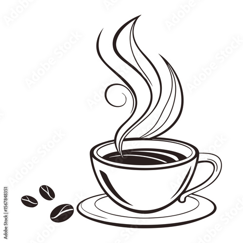 Stylish silhouette of a steaming coffee cup with beans, perfect for cafe, morning, or beverage-themed designs, posters, and decor