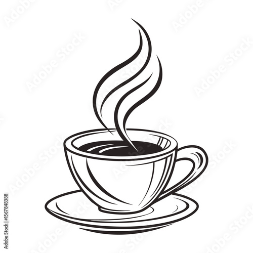 Elegant silhouette of a steaming coffee cup on a saucer, perfect for cafe, morning, or beverage-themed designs, posters, and decor