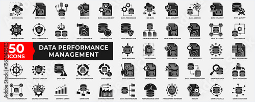 Data Performance Management icon collection set. Containing database, performance, management, big data, data mining, quality, process, data, document, strategy and analysis. Simple solid Vector.  