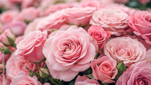 Close up of a lush bouquet of soft pink roses in full bloom. Pink roses bouquet.