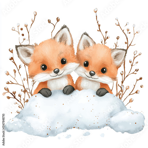 Two Adorable Fox Kits Peeking from Snowy Mound Winter Wonderland