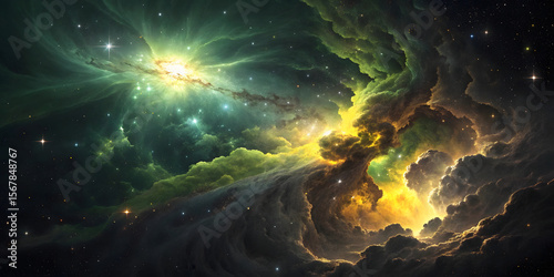 Vibrant nebula featuring emerald green and golden yellow gases with dramatic cloud formations and stellar illumination throughout