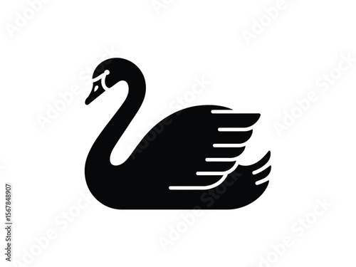A minimalist black silhouette of a swan on a white background