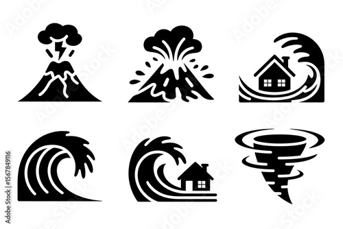 Natural Disaster Icons. Volcanic Eruption, Tsunami, and Tornado