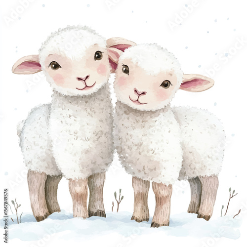 Two Adorable Lambs Huddled Together in Winter Snow (1)