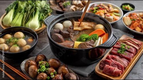 Hot pot meal featuring fresh vegetable medley, mushroom varieties, thinly sliced meat, and rich broth served in elegant black ceramic pots for cozy and flavorful dining experience