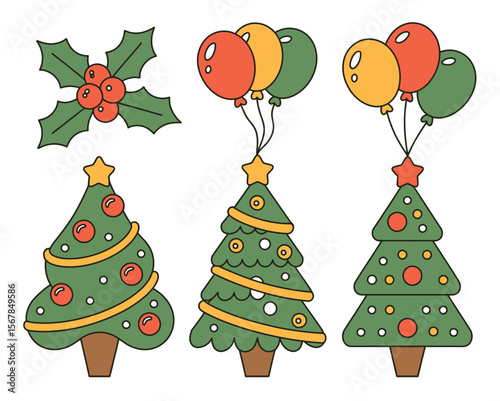 Hand-Drawn Holiday Illustrations with Trees and Balloons