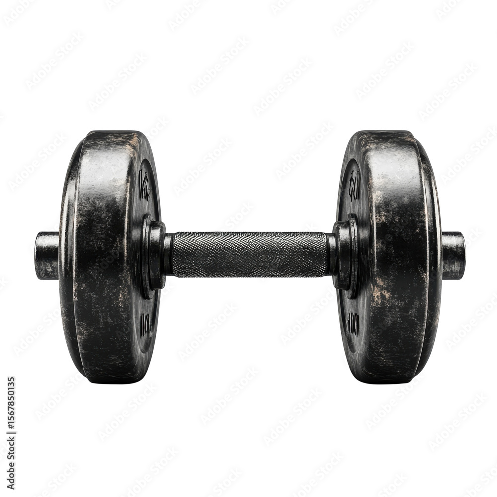 Fototapeta premium Aged metal dumbbell fitness strength training workout bodybuilding black on transparent background