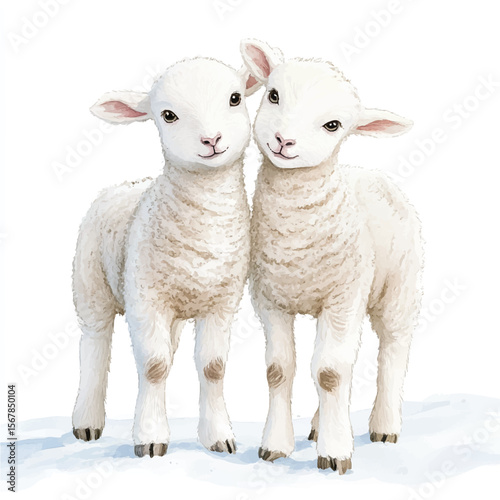Two Adorable Lambs Nuzzling in Winter Snow