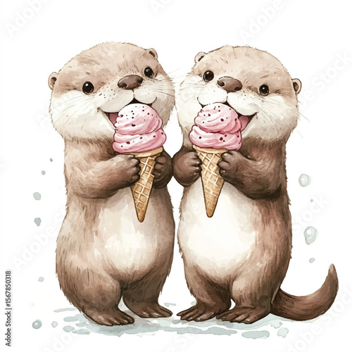 Two Adorable Otters Enjoying Delicious Pink Ice Cream Cones Together