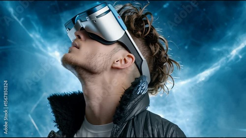 Virtual reality headset technology with immersive digital experience featuring young man leather jacket, futuristic blue background, dynamic lighting, and curly hair showcasing advanced immersive