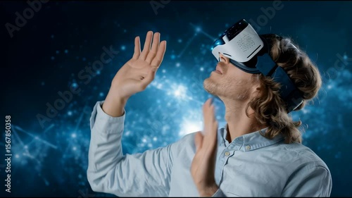 Virtual reality headset technology offers immersive experience within futuristic digital environment featuring exploration and interaction dynamic virtual space with advanced technology and network