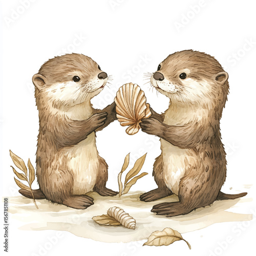 Two Adorable Otters Holding a Seashell in Watercolor Illustration