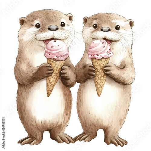 Two Adorable Otters Enjoying Strawberry Ice Cream Cones Together