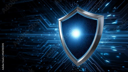 Cybersecurity shield glowing blue light digital circuit background symbolizing data protection network security technology futuristic digital shield glowing blue core represents cybersecurity data