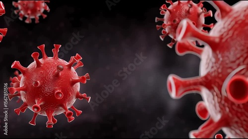 Red virus particle close up with detailed 3D rendering showing microscopic pathogen and infection, spiky surface texture, medical concept illustration with vivid red color and sharp focus dark