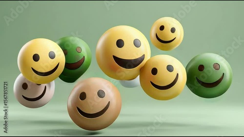 Smiling face emoji balls in yellow, green, and orange colors float playfully on soft green background with happy expressions creating cheerful and vibrant atmosphere full of playful floating joy