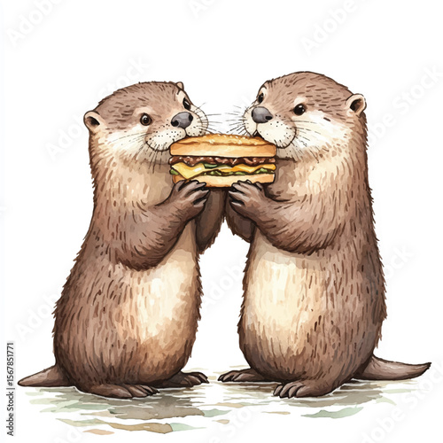 Two Adorable Otters Sharing a Deliciously Large Hamburger Together